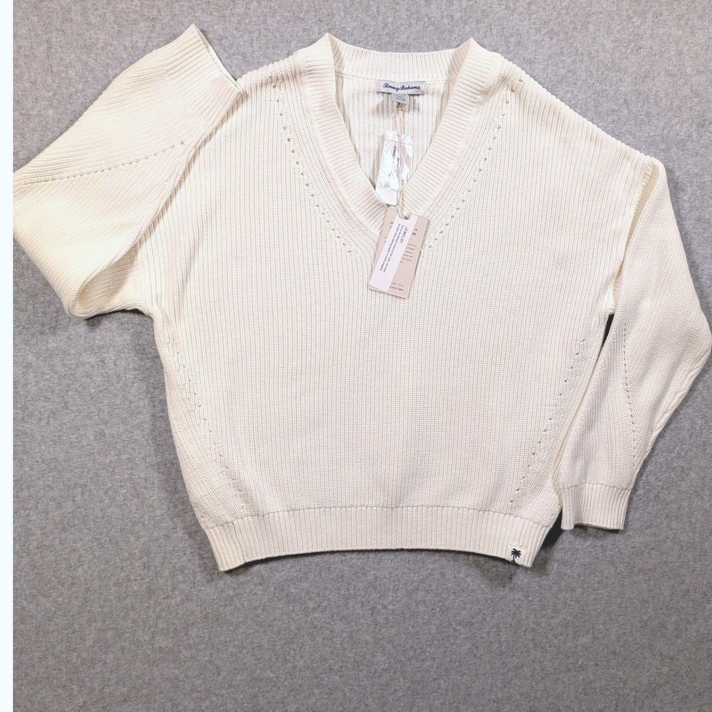 Tommy Bahama Women's Ivory V Neck Knit Sweater Oversize Dolman Coastal Vacay  XL